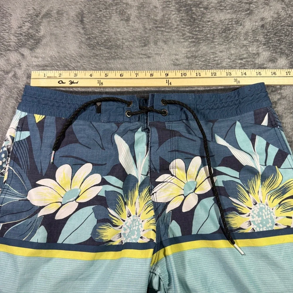 Quiksilver Mens Floral Striped Board Shorts Blue Yellow Size 33 Swim Trunks